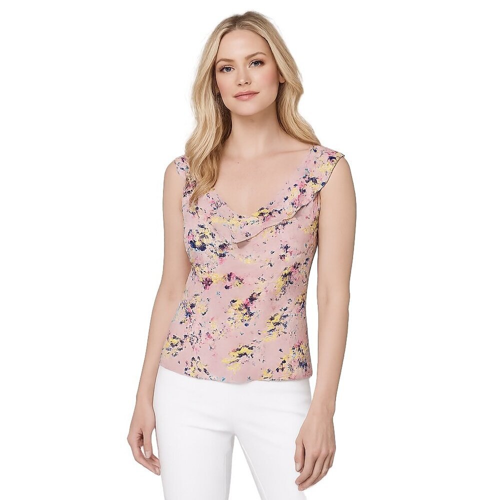NWT White House Black Market Sleeveless Ruffle Top Petal Swirls Sepia 0